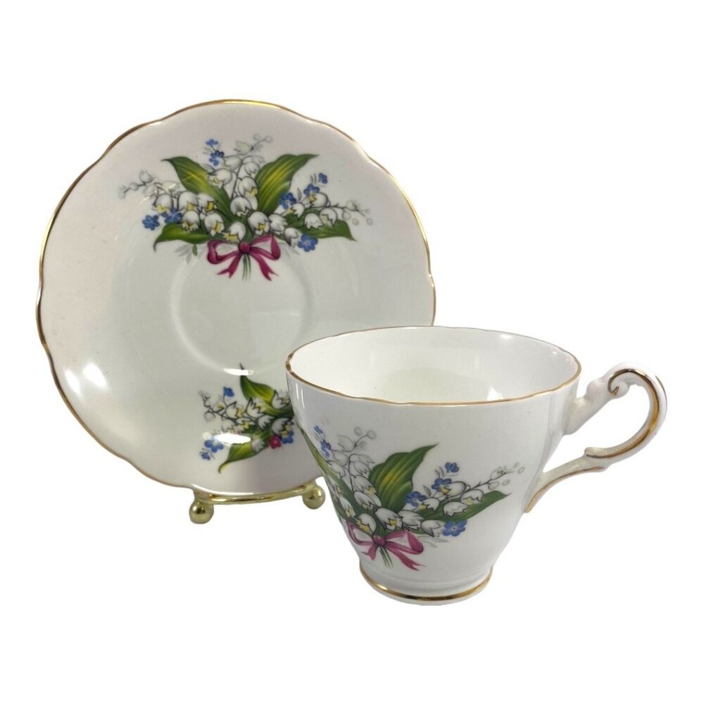 Vintage Regency English Lily of Valley Floral Bone China Teacup & Saucer Set